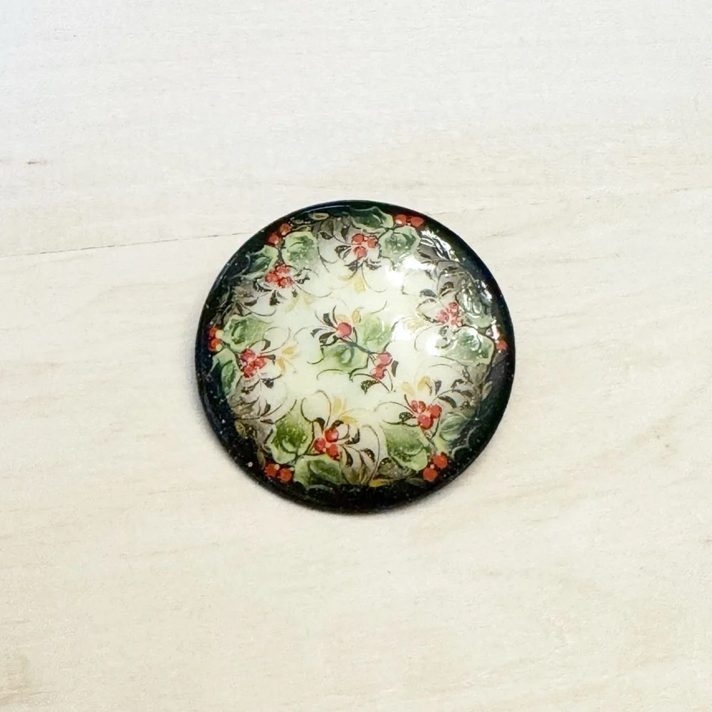 Vintage Russia Hand Painted Signed Black Lacquer Floral Round Brooch Pin